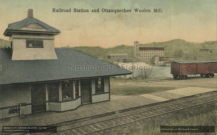 Postcard: Evarts Railroad Station and Ottauquechee Woolen Mill
